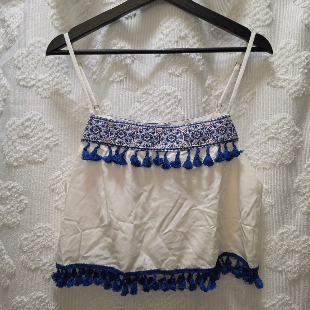NWT Show Me Your Mumu Nellie Tank Casablanca Blues Embroidery Tassel Crop Top L